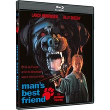 "man’s best friend" in Blau, roter Tatzeabdruck, "BEETHOVEN" from HELL. Eine aggressive Hundegestalt und ein Mann mit Waffe.