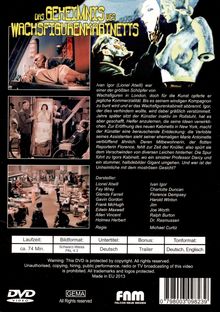 "Das Geheimnis des Wachsfigurenkabinetts" in gelber Schrift. Szenen mit Figuren, Text über Geschichte und Darstellerliste. Laufzeit ca. 74 Min.