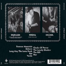 Skjellum, Hegna, Kråbøl. Forever Mountain, Unborn, Rot. Drei Musiker mit Gitarren, Bass und Schlagzeug in Einzelbildern.