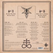 Texte: "Side A: All Hail The Goat, Decrepit Christ", "Side B: Black Arts & Alchemy, Headless Angels, Iron Heads." Oberhalb von Ziegenkopfzeichnung. Unten ein stilisiertes Symbol.