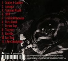 Eine Trackliste von 11 Songs in roter Schrift auf einem dunklen, abstrakten Hintergrund. Text: "Snakes & Ladders" bis "A New Simulation". Links unten ein Logo und Strichcode.