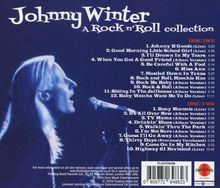 "Johnny Winter A Rock n'Roll Collection" ist in großer Schrift. Zwei Discs mit Titellisten, Längen und Live/Album-Versionen. Links ein Mann am Mikrofon.