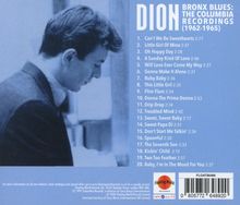 "DION BRONX BLUES: THE COLUMBIA RECORDINGS (1962-1965)" mit einer Songliste und einem Barcode. Vintage-Foto eines jungen Mannes.