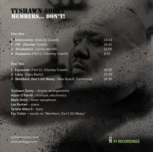Texte: Tyshawn Sorey - Members... Don't!, Trackliste auf zwei CDs. Porträt eines Mannes im Hintergrund. PI Recordings-Logo.