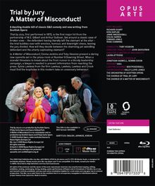 Text: "Trial by Jury, A Matter of Misconduct! A dazzling double-bill of classic G&S comedy and new writing from Scottish Opera." Eine Blu-ray-Cover-Abbildung mit sechs Personen in bunter Kleidung.