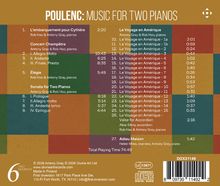 Text: "POULENC: MUSIC FOR TWO PIANOS" gefolgt von Titeln und Zeiten unter farbigen Quadraten, unten Logo einer Plattenfirma.
