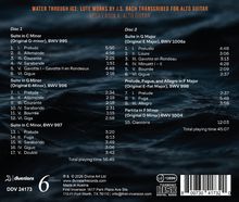 Texte: "WATER THROUGH ICE: LUTE WORKS BY J.S. BACH TRANSCRIBED FOR ALTO GUITAR." Auflistung klassischer Werke und Spielzeiten.