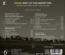 "SINNER: DON'T LET THIS HARVEST PASS" in großen Buchstaben, darunter Komponisten und Pianist. Trackliste und Zeiten. Hintergrund zeigt Landschaft.