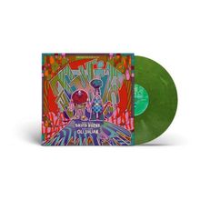 "THE HERE" in großen bunten Buchstaben, darunter "David Byrne, Oli Julian." Illustration von zwei Figuren in 70er-Jahre-Stil. Grüne Vinyl-Schallplatte rechts daneben.