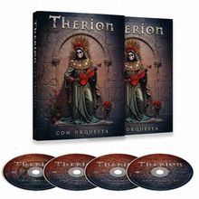"Therion Con Orquesta" steht auf einer CD-Box. Darauf eine Statue, die ein Skelett mit Geige darstellt, umgeben von Blumen.