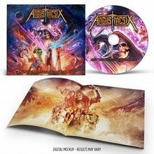 Das Logo oben, knochenartiger Schriftzug "Angus McSix". Fantastische Figuren in einem kosmischen, leuchtenden Szenario.