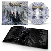 "Frozen Crown" Albumcover mit fiktiven Königen in verschneiter Landschaft, Songs im Booklet, CD mit stilisiertem Logo.