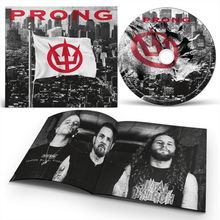 "PRONG" in Rot oben, CD mit rot-schwarzem Symbol, Flagge zeigt dasselbe. Schwarz-Weiß-Bild von drei Personen in einem Heft.
