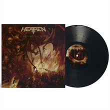 "Heathen: Lifetime in Hell." Illustration: Feuer und Skelette in einer düsteren, apokalyptischen Szene auf einem Schallplattencover.