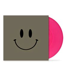 Graues Cover mit einem schwarzen Smiley-Gesicht. Eine pinke Schallplatte ragt rechts hervor.