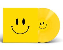 Gelbe Schallplatte und Hülle mit großem, schwarzen Smiley-Gesicht.