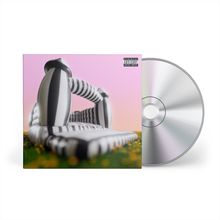 Ein quadratisches Cover mit Parental Advisory Text, eine schwarz-weiß gestreifte Hüpfburg auf einer Wiese, dahinter eine CD.