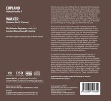 Text: Copland Symphony No 3, Walker Sinfonia No 5 'Visions', London Symphony Orchestra, Sir Antonio Pappano.  
Logo: Super Audio CD, DSD, Stereo Multich.  
Beschreibung: Informationen über die Musikstücke und Komponisten.