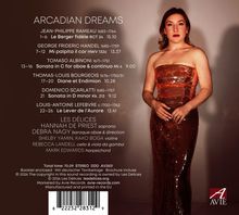 "ARCADIAN DREAMS" mit Komponisten wie Rameau, Händel, Albinoni, Interpreten: Les Délices. Rechts steht eine Frau in einem glitzernden Kleid.