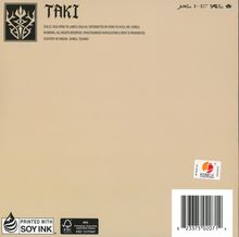 Text: „TAKI“. Unten links: „PRINTED WITH SOY INK“. Verschiedene Logos, darunter ein stilisiertes Symbol links oben.