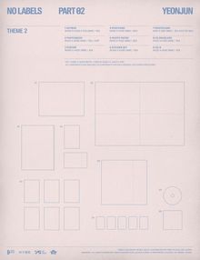 "No Labels Part 02 Yeonjun" oben; Details von Verpackungsinhalten mit Größenangaben, nummeriert von 1 bis 9.