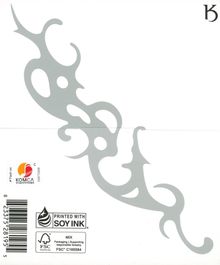 "Printed with soy ink." FSC-Logo. Abstrakte, graue Tribal-Grafik diagonal platziert.