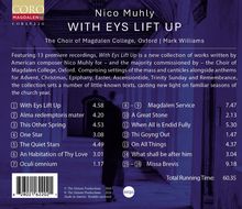 "Nico Muhly: WITH EYS LIFT UP, The Choir of Magdalen College, Oxford | Titel wie 'With Eys Lift Up' (4.58) und 'Missa Brevis' (9.18). Gesamtzeit: 60.35. Blau-lila Design mit dunkel gekleideter Figur im Hintergrund."