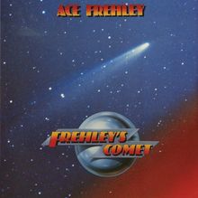 Text: "Ace Frehley" oben, "Frehley's Comet" mittig. Illustration: Ein Komet am sternenklaren Himmel mit Planetenmotiv.