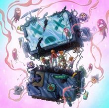 Texte: „HITBOX“, japanische Schrift; Illustration mit Kindern auf einem riesigen, aufbrechenden Gerätegehäuse und Geistern.