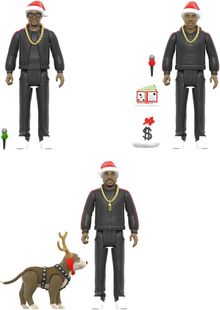 Illustration dreier Figuren in schwarzen Outfits mit Weihnachtsmützen; eine Figur mit Weihnachtsgeschenk; Hund mit Geweih.