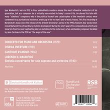 Texte:  
"CONCERTO FOR PIANO AND ORCHESTRA (1929)" 15:12  
"CINEMA OVERTURE (1931)" 8:00  
"CANTIQUE D’AMOUR (1936)" 9:23  
"Lorenzo Il Magnifico Sinfonia concertante for solo soprano and orchestra (1940)" 24:42  
"Total time" 57:33  

Logos: Deutschlandfunk Kultur, Rundfunk Orchester Chöre, RSB, eda.  
Farben: Rosa und Lila Töne, Text in Weiß.