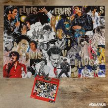 Text "ELVIS" mehrfach. Collage mit Bildern eines Sängers auf der Bühne, in verschiedenen Outfits und Posen.