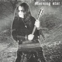 "Morning star" in gotischer Schrift; eine Person in dunkler, martialischer Kleidung mit Nieten und einem stacheligen Stab.