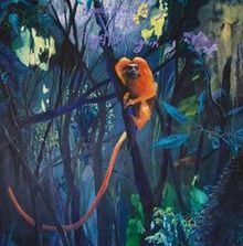 Text: "Glasglow Zoon Night". 

Ein goldener Affe sitzt in einem dichten, dunklen Wald voller blauer und grüner Pflanzen.