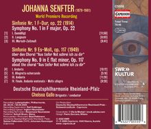 Ein CD-Cover mit Informationen zu zwei Sinfonien von Johanna Senfter, aufgeführt von der Deutschen Staatsphilharmonie.