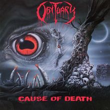 Text: "Obituary" und "Cause of Death". Eine dunkle Szene mit einem roten Auge, einem Baum voller Schädel und einem Halbmond.