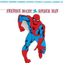 Text: "FREDDIE McCOY SPIDER MAN" und "STEREO". Illustration von Spider-Man in blauer und roter Kleidung.