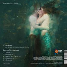 Texts: "Romanza for Strings, Percussion and Piano," "Excerpts from Romanza." Illustration: Paar, Unterwasser, Hände streicheln Gesicht.