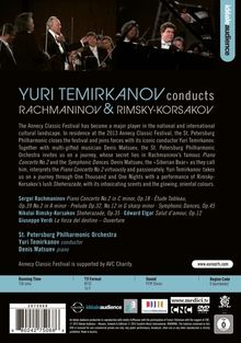 "Yuri Temirkanov conducts Rachmaninov & Rimsky-Korsakov" in hellblau. Orchester, Pianist, Werke und Festival beschrieben.