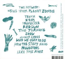 "THE NOTWIST: NEWS FROM PLANET ZOMBIE" gefolgt von Songtiteln in handgeschriebenem Stil, umgeben von blauen Wasserfarbenzeichnungen.