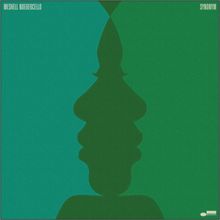 „MESHELL NDEGEOCELLO“ oben links, „SYNONYM“ oben rechts. Abstrakte, gespiegelte Formen in Grün- und Blautönen.