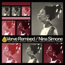 "Verve Remixed // Nina Simone" mit Namen von Künstlern. Collage von Profilbildern einer Frau in Rot- und Grautönen.