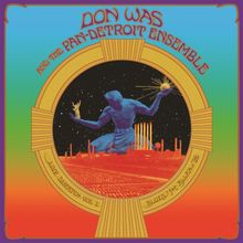 "Don Was and The Pan-Detroit Ensemble" steht oben. Illustration mit einem blauen menschlichen Figur vor industriellem Hintergrund.
