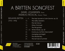 "A Britten Songfest" von Daniel Johannsen, Tenor, und Andreas Fröschl, Klavier. Werke von Benjamin Britten aufgelistet.