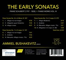Texte: "The Early Sonatas", "Franz Schubert", Klavier von Ammiel Bushakevitz, Sonaten-titel und Stückzeiten.  
Logo: Schubert Piano Works Vol. IV.