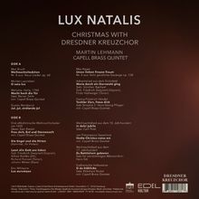 Titel: LUX NATALIS. Darunter "Christmas with Dresdner Kreuzchor", "Martin Lehmann", "Capell Brass Quintet". Links Titel- und Komponistenliste.