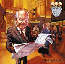 Logo oben mit drei Totenköpfen. Titel: "The Underworld". Karikatur eines Mannes, der eine Zeitung hält.