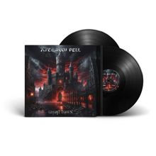 Text: "Axel Rudi Pell, Ghost Town". Illustration eines düsteren Schlosses unter einem roten, stürmischen Himmel. Zwei Vinyl-Schallplatten.