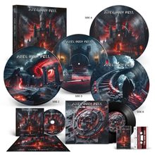 "AXEL RUDI PELL" auf mehreren Schallplatten und CDs, mit düsteren, mittelalterlichen Szenen und einem Schloss im Hintergrund.