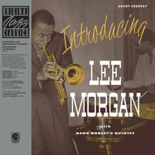 „Introducing Lee Morgan with Hank Mobley's Quintet“ in weißen und gelben Buchstaben. Ein Trompeter spielt leidenschaftlich.